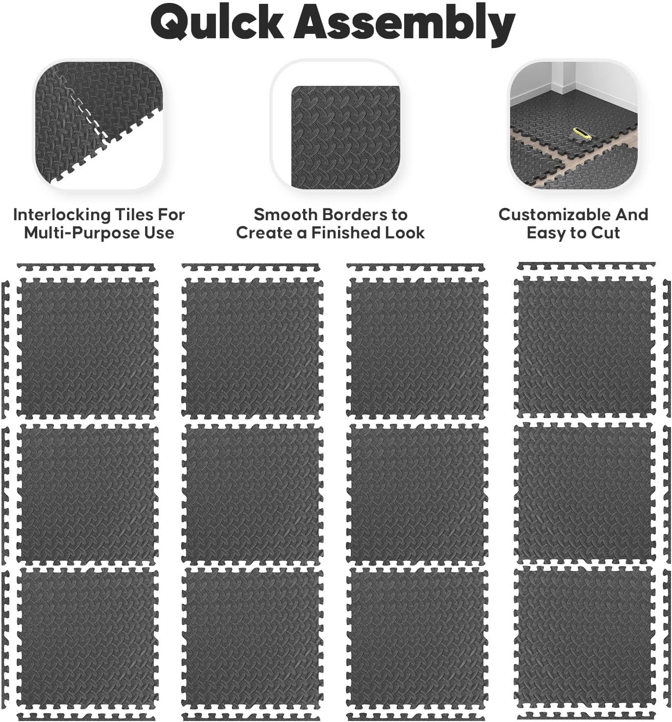 36 Pack Home Gym Mat, Puzzle Exercise Mat, EVA Interlocking Foam Floor Tiles for Home Workout Equipment and Kids' Play Areas - Blue, 24 in x 24 in x ½ in - (Black, 36 Pack (144 SQ FT)) - Image 5