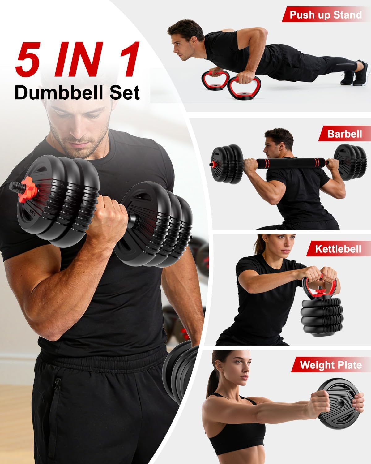 Adjustable Dumbbells, 20/30/45/70/90lbs Free Weight Set with Connector,5 in1 Dumbbells Set Used as Barbell,Kettlebells,Push up Stand,Fitness Exercises for Home Gym Suitable Men/Women - Image 4