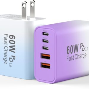 USB C Fast Charger Block, 60W Phone USB C Wall Charging Blocks, Type C Charger Fast Charging Brick, 5Port Multiport Charger Plug Power Adapter for Phone 17/16/15/14/13 Pro Max, Pad, Galaxy S25-2Pack