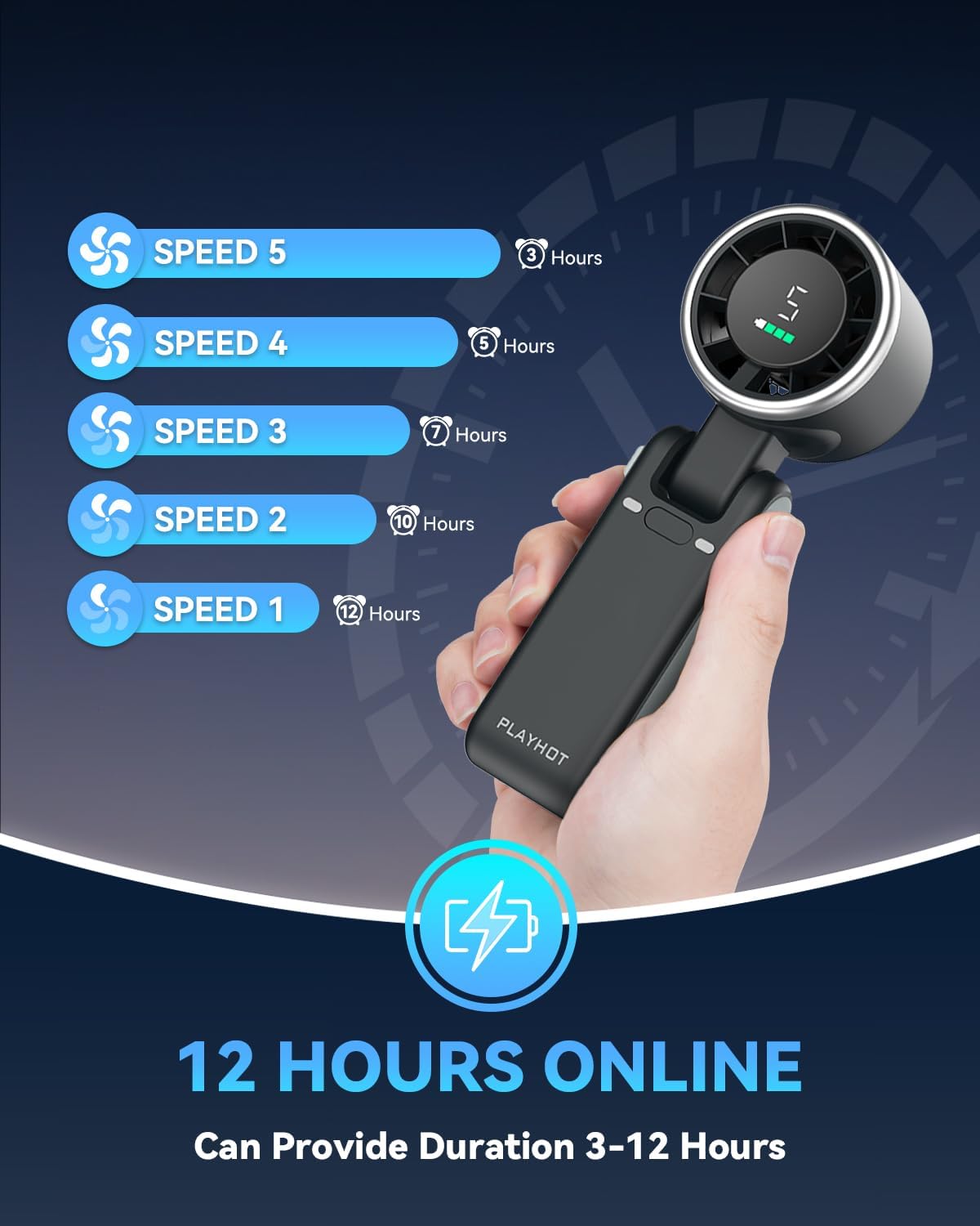 PlayHot Portable Handheld Turbo Fan, 5 Gear Wind, USB-C Rechargeable Fan, Up to 12 Working Hours, 3 IN 1 Hand Fans with Air Turbo Tech Cooling Fan for Outdoor Activities, Travel, Beach (Black) - Image 3