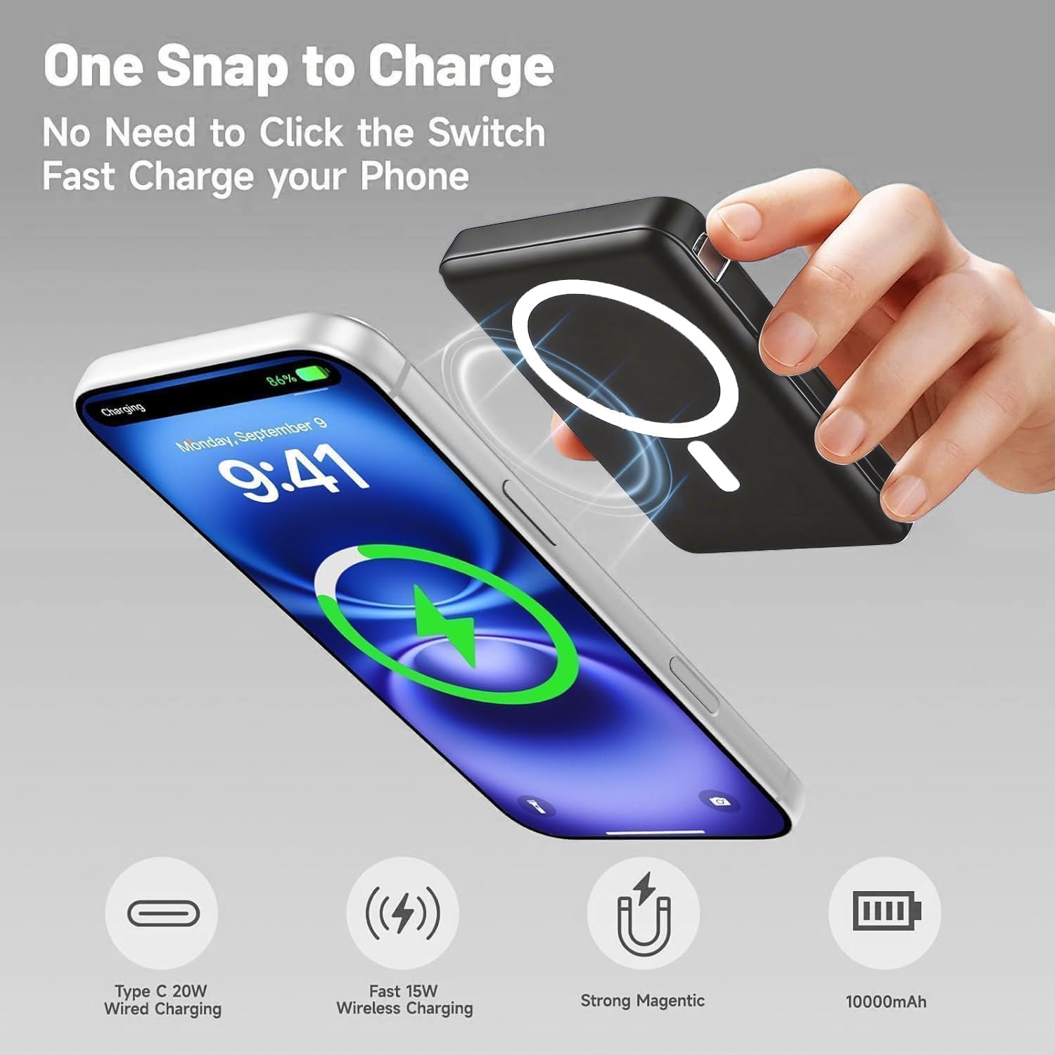 for Magsafe Power Bank, 10000mAh Magnetic Power Bank with USB-C Cable and PD 20W USB C Fast Charging LED Display, Wireless Portable Charger for iPhone 17/16/15/14/13/12/Pro/Pro Max - Image 6