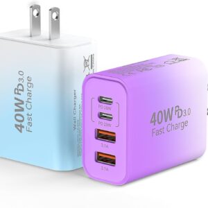 USB C Wall Fast Charger Block, 40W 4-Port Type C Chargers Fast Charging Blocks PD Power Charger Adapter+QC 3.0 USB Multiport Charger Brick for Phone 17/16/15/14/13/12 Pro Max, i-Pad, Galaxy S25-2Pack