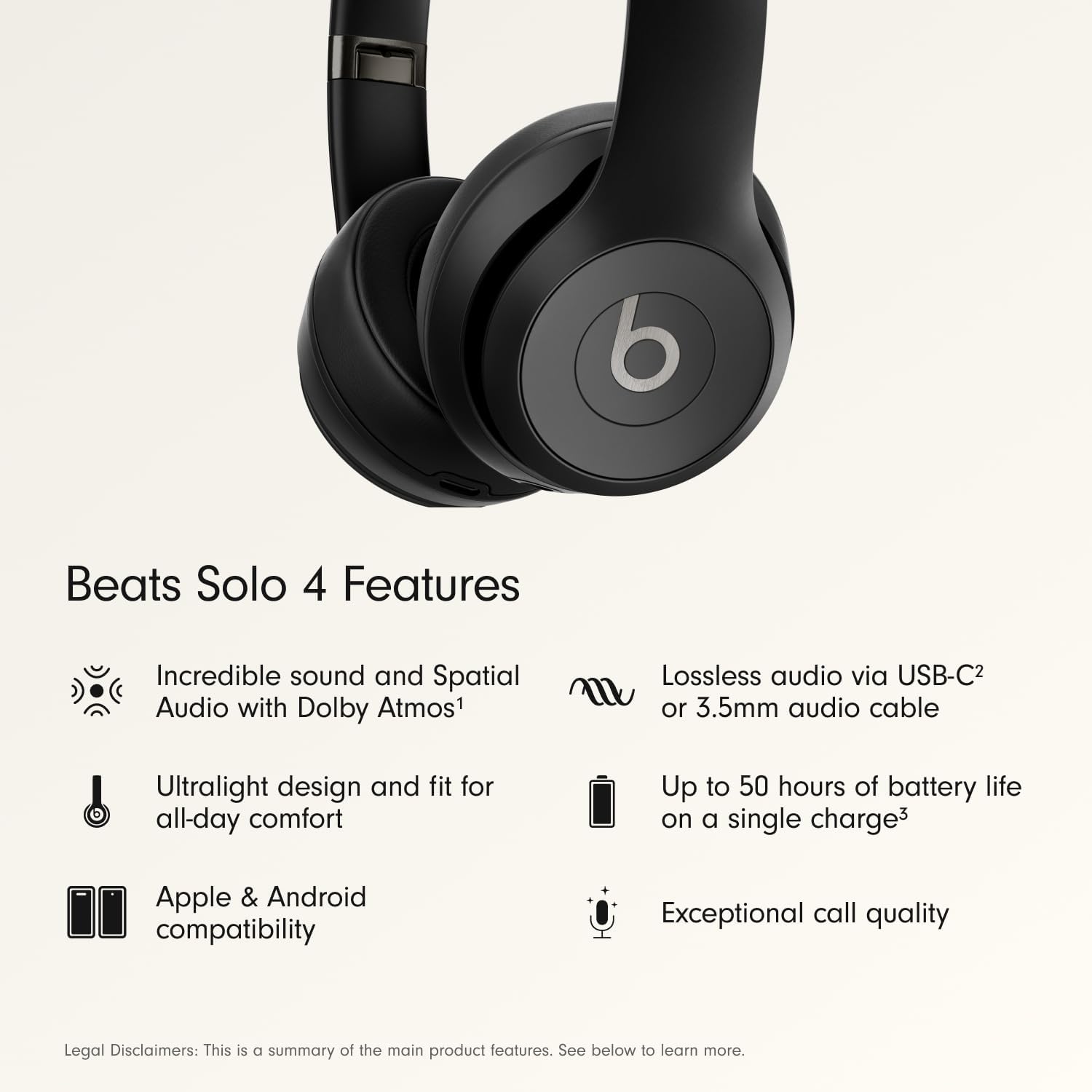 Beats Solo 4 - Wireless On-Ear Bluetooth Headphones, Up to 50-Hour Battery Life, Ultra-Lightweight Comfort, Powerful and Balanced Sound, Apple & Android Compatible - Matte Black - Image 2