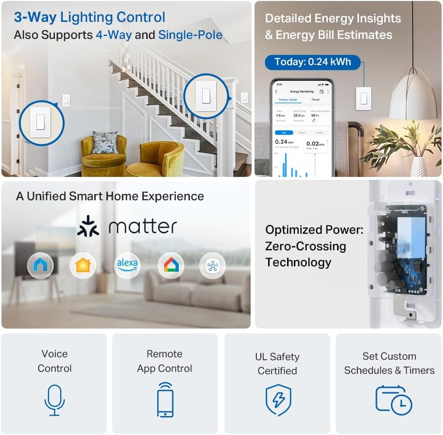 TP-Link Tapo Smart Switch, Single-Pole/3-Way/4-Way, Matter Compatible, Energy Monitoring, Neutral Wire Required, Works with Alexa, Siri, Google Home, SmartThings, UL Certified, 2.4GHZ Wi-Fi, Tapo S515 - Image 2