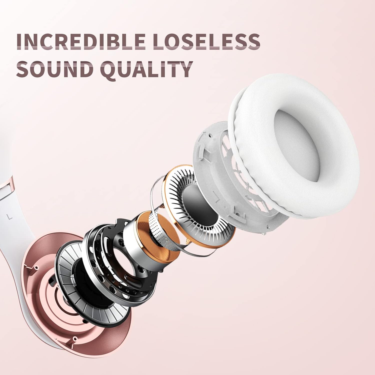 Uliptz Wireless Bluetooth Headphones, 65H Playtime, 6EQ Sound Modes, HiFi Stereo Over Ear Headphones with Microphone, Foldable Bluetooth 6.0 Headphone for Travel/Office/Cellphone/PC (Rose Gold) - Image 2