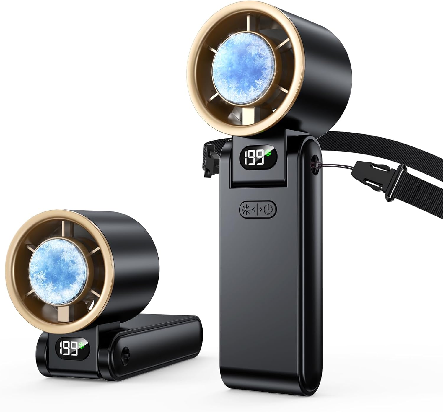 Portable Handheld Fan with Ice Cooler, 199 Speed Personal Fan,5500mAh Rechargeable,20H Cooling Time,20000 RPM Powerful Motor, Summer Essential for Travel/Outdoor/Office, Black Gold