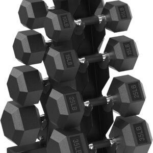 HANDBODE Hex Dumbbell Sets with Rack, 100-165 lb Rubber Encased Dumbbells for Strength Training, Exercise & Fitness, Home Gym Weight Set with Rack