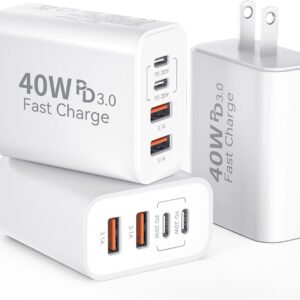 USB C Wall Fast Charger Block, 40W 4-Port Type C Chargers Fast Charging Blocks PD Power Charger Adapter+QC 3.0 USB Multiport Charger Brick for Phone 17/16/15/14/13/12 Pro Max, i-Pad, Galaxy S25-3Pack
