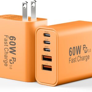 USB C Fast Charger Block, 60W Phone USB C Wall Charging Blocks, Type C Charger Fast Charging Brick, 5Port Multiport Charger Plug Power Adapter for Phone 17/16/15/14/13 Pro Max, Pad, S25 -Cosmic Orange