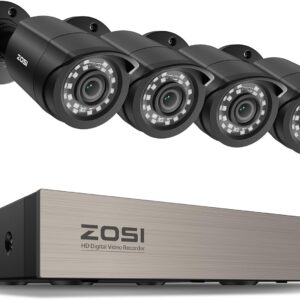 ZOSI 3K Lite Security Camera System Indoor Outdoor,AI Human/Vehicle Detection,Night Vision,Remote Access,4pcs 1080P 1920TVL Weatherproof Surveillance Cameras,H.265+ 8CH CCTV DVR(NO HDD)