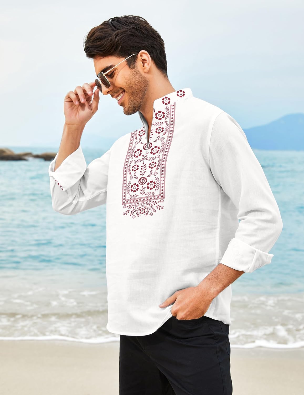 COOFANDY Men's Henley Shirt Vyshyvanka Long Sleeve African Print Shirts Casual Zip Up Cotton Linen Beach Hippie Shirt - Image 3