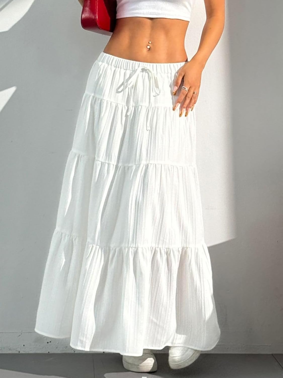 DERAX Women's Boho Flowy White Maxi Skirt Flared Ruffle Elastic Waist Summer A Line 2026 Spring Long Skirts - Image 6