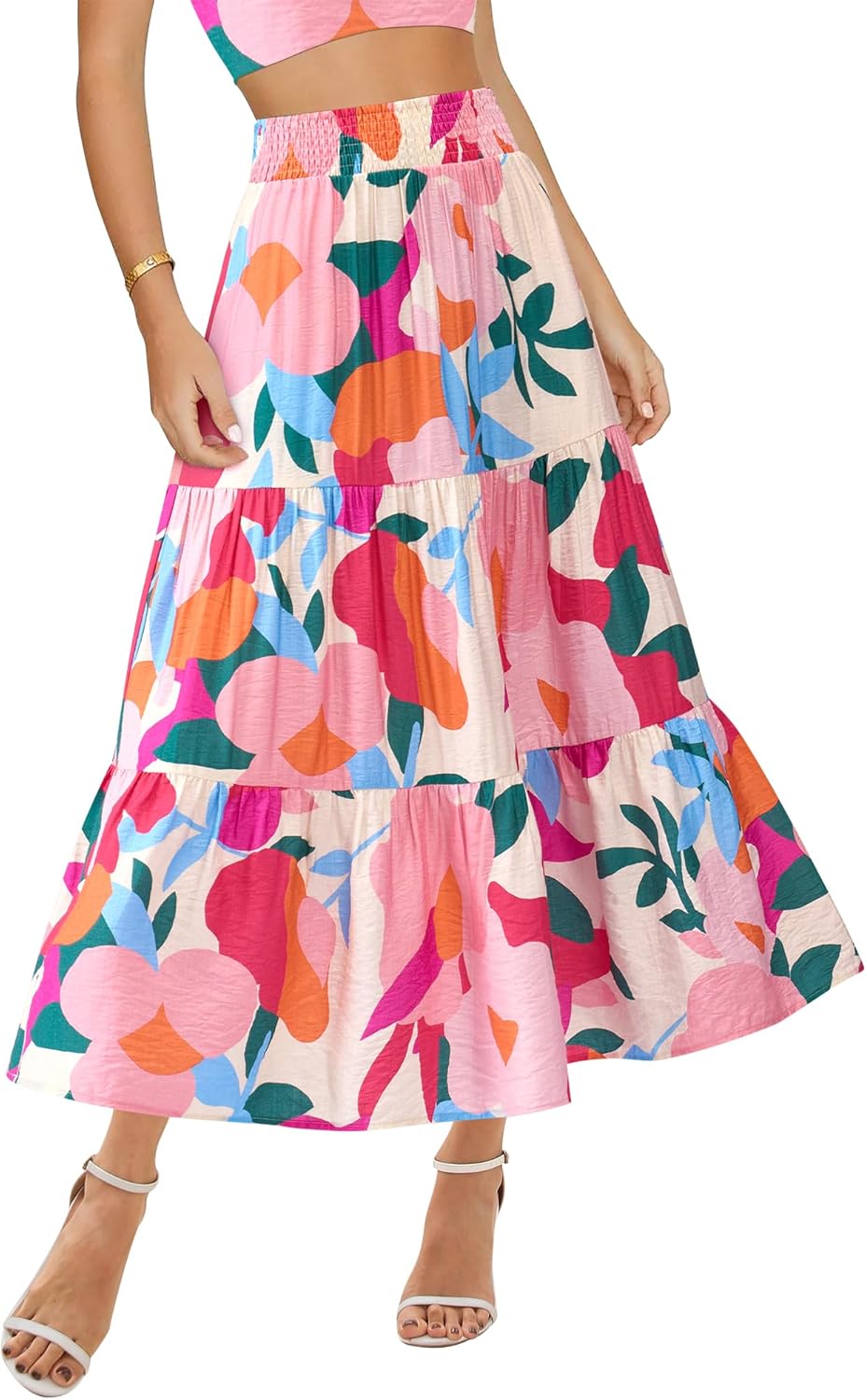 BTFBM Skirts for Women Summer 2026 Floral Print A Line Elastic High Waist Boho Maxi Skirt Spring Fashion Clothing Pocket