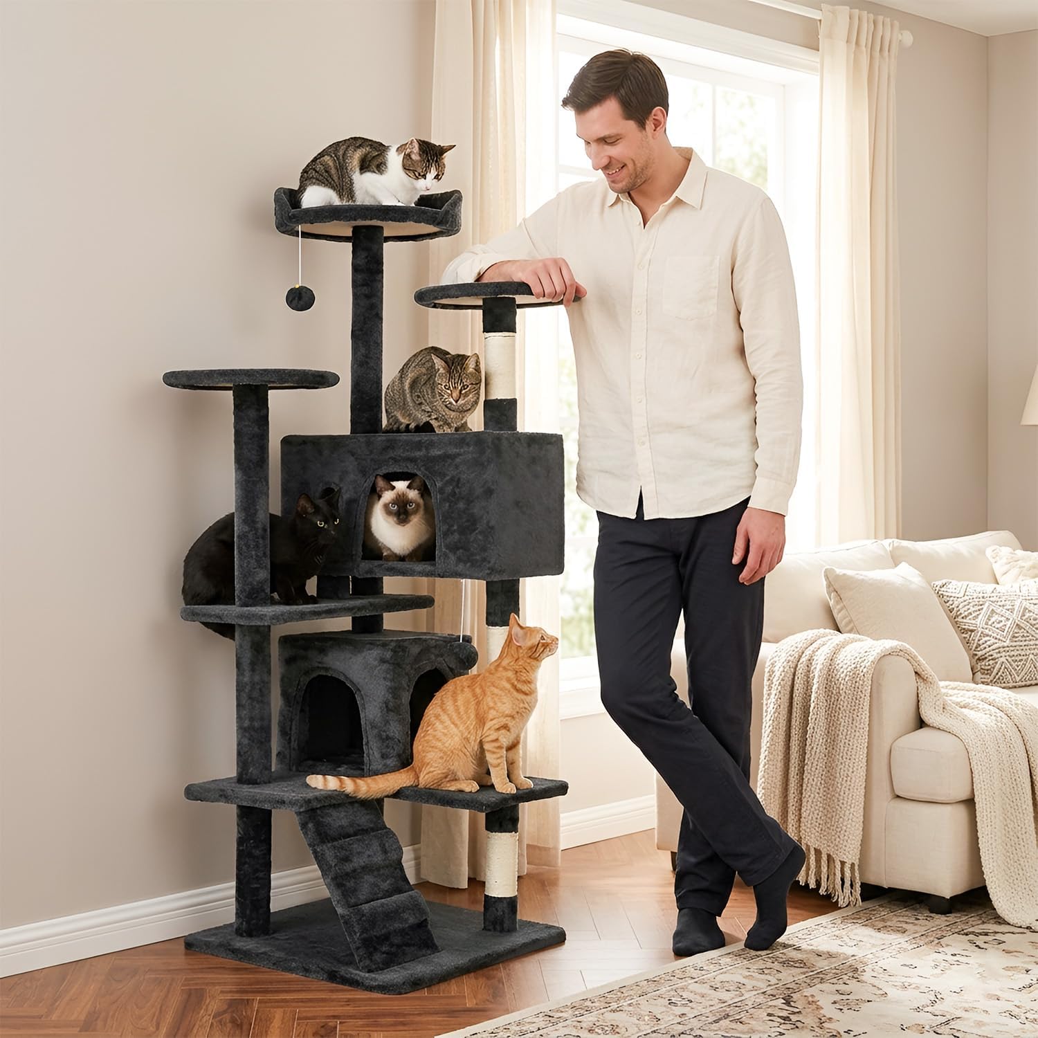 FDW | 54" Cat Tree Tower | Dark Gray | Multi-Level Indoor Activity Center with Sisal Scratching Posts, Condos, Plush Perches, Hanging Cat Toys | Sturdy, Easy to Assemble | for Kittens & Adult Cats - Image 7