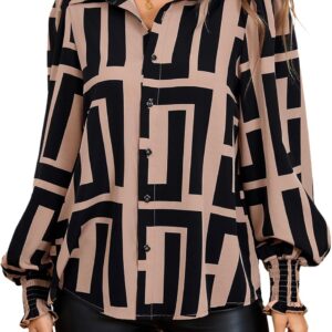 SweatyRocks Women’s Graphic Print Long Lantern Sleeve Collar Neck Button Front Blouse Shirt Top