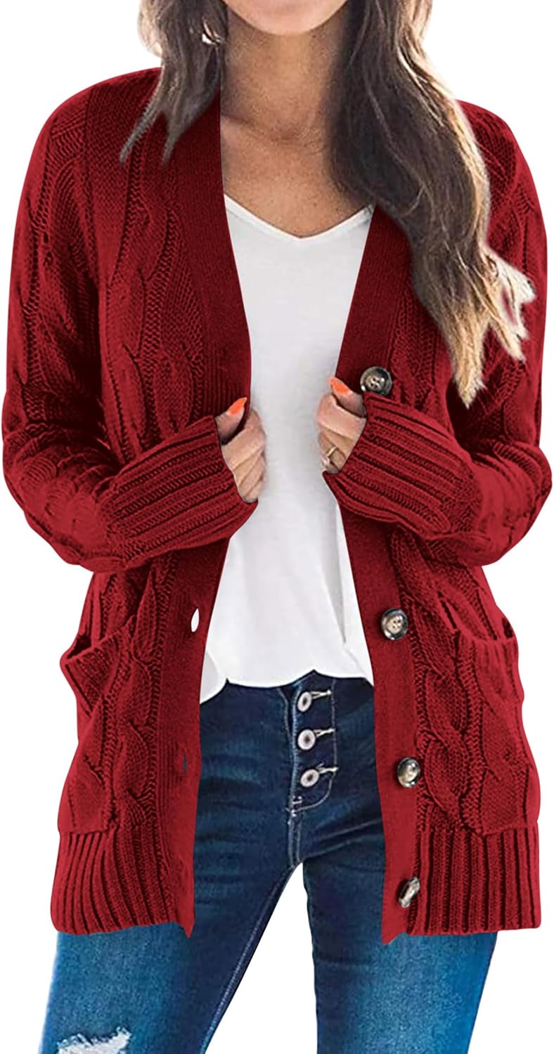 PRETTYGARDEN Women's Open Front Cardigan Sweaters Fall Fashion Button Down Cable Knit Chunky Winter Clothing Outerwear Coats
