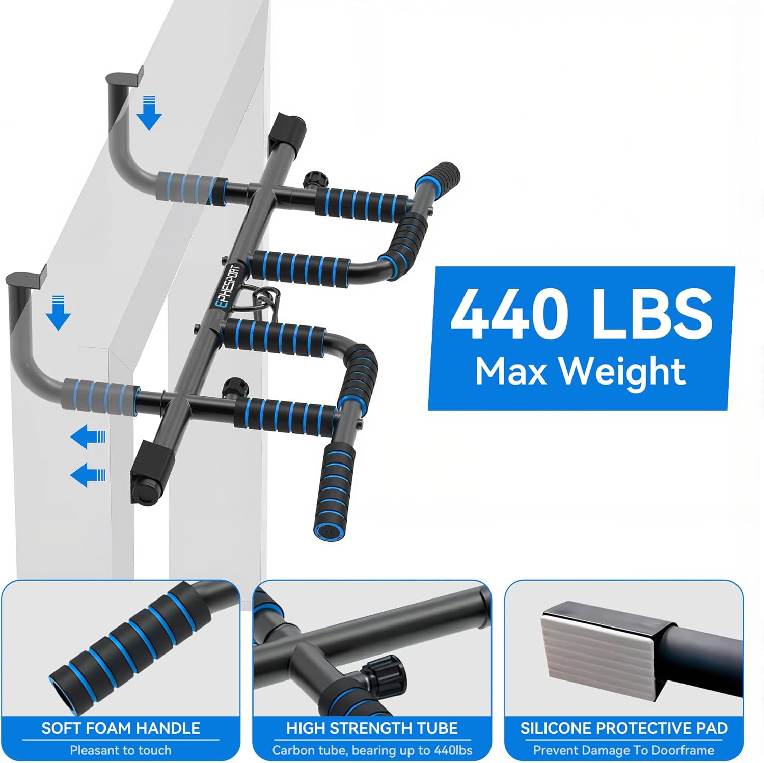 EPHESPORT 2026 Multifunctional Pull Up Bar for Doorway – US Patented Design, Foldable, No Drilling or Slipping, Multi-Grip Bar with Resistance Band Hooks, Commercial Alloy Steel, Large PVC Pads, 440 lbs Capacity - Image 4