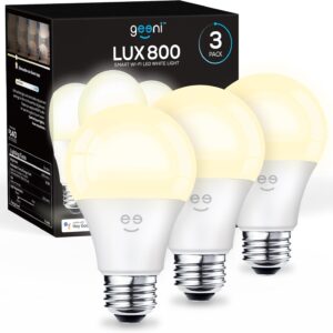 Geeni Smart LED Light Bulb 3 Pack A19 WiFi Dimmable Soft White 800 Lumens, Works with Alexa & Google Assistant, Voice Control, Energy Efficient Smart Bulbs