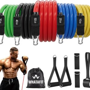 WHATAFIT Resistance Bands, Exercise Bands, Workout Bands with Handles, Door Anchor and Ankle Straps, 5 Resistance Levels Fitness Bands for Strength Training, Physical Therapy, and Home Gym Equipment