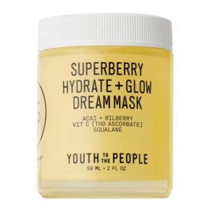 Youth To The People Superberry Hydrate + Glow Dream Mask – Hyaluronic Acid, Squalane, Vitamin C, Face Moisturizer + Overnight Facial, Non-Greasy, Plumps, Brightens, Evens Tone, For Dry + Dull Skin