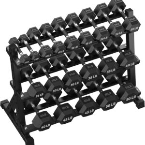 HANDBODE Hex Dumbbell Set with Rack, 480-690 lb, Non-Slip Rubber Grip Handles, Rubber Coated Fixed Weights, Heavy Duty Storage Stand, Hexagon Shape, Multiple Weight Options for Home Gym Strength Training