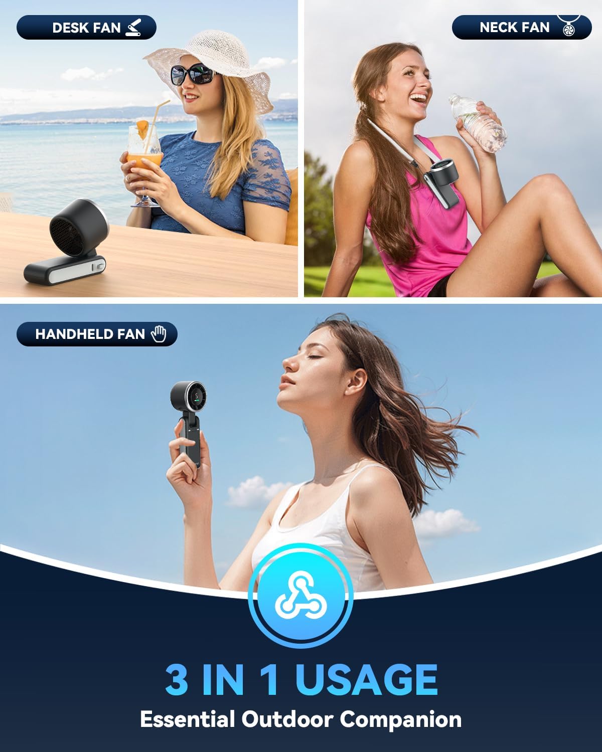 PlayHot Portable Handheld Turbo Fan, 5 Gear Wind, USB-C Rechargeable Fan, Up to 12 Working Hours, 3 IN 1 Hand Fans with Air Turbo Tech Cooling Fan for Outdoor Activities, Travel, Beach (Black) - Image 4