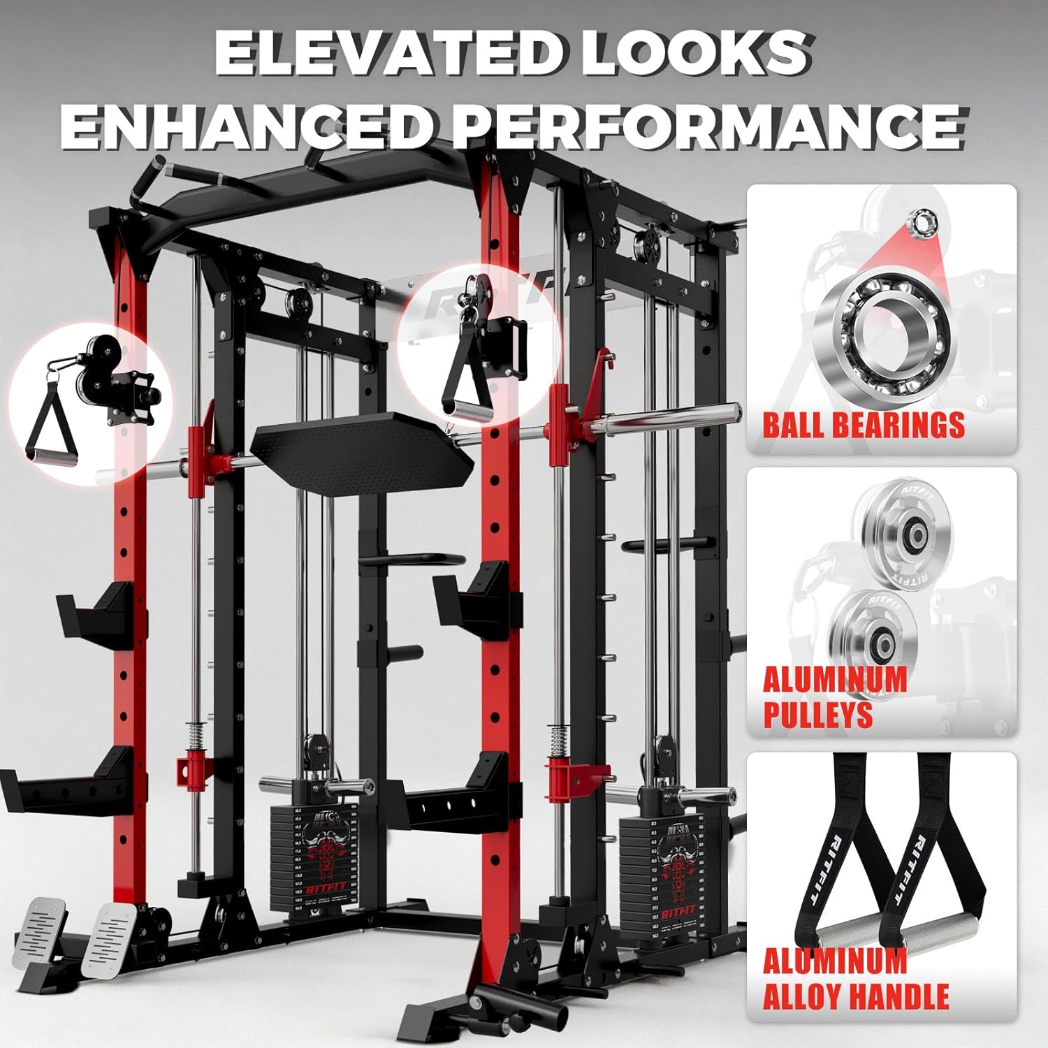 RitFit Buffalo Smith Machine Package, All-in-One Power Cage with Weight Stack , Power Rack with Cable Crossover & Leg Press Attachment for Home Gym - Image 4