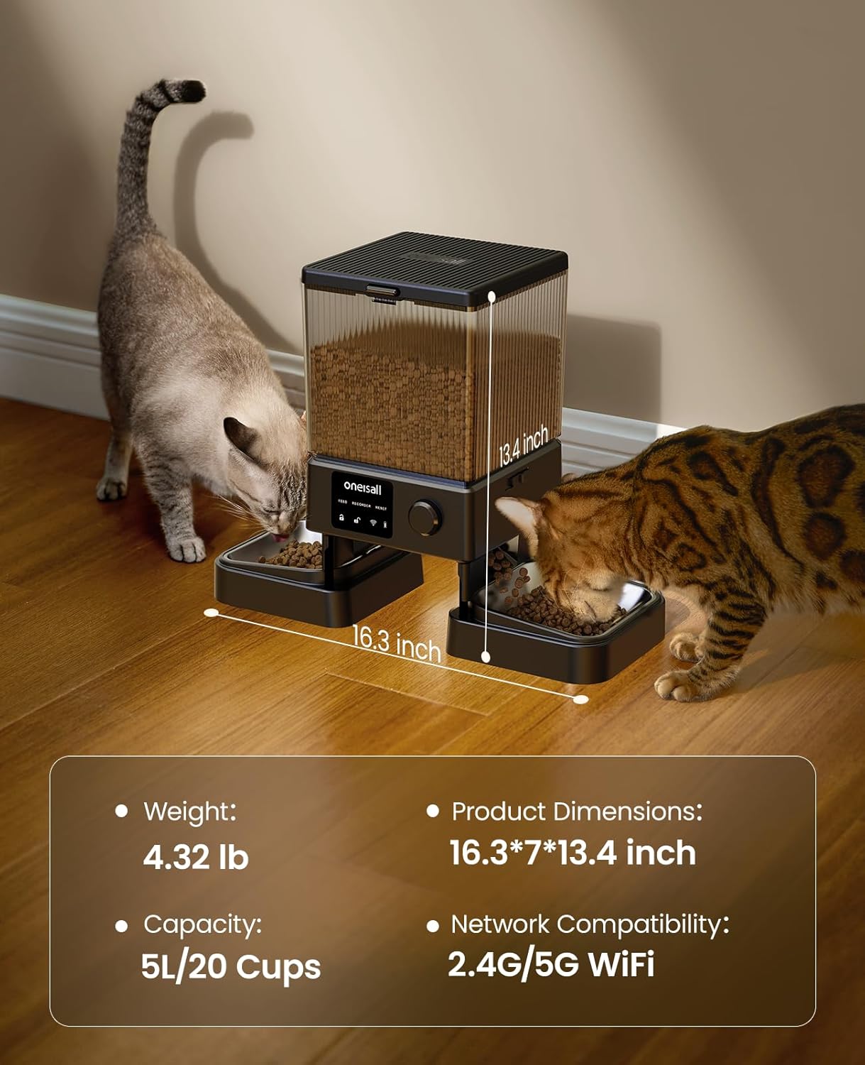 oneisall Automatic Cat Feeder with 5G WiFi, Automatic Cat Food Dispenser for 2 Cats Small Pets, 20 Cups/5L Timed Dry Food Dispenser with App Control - Image 9