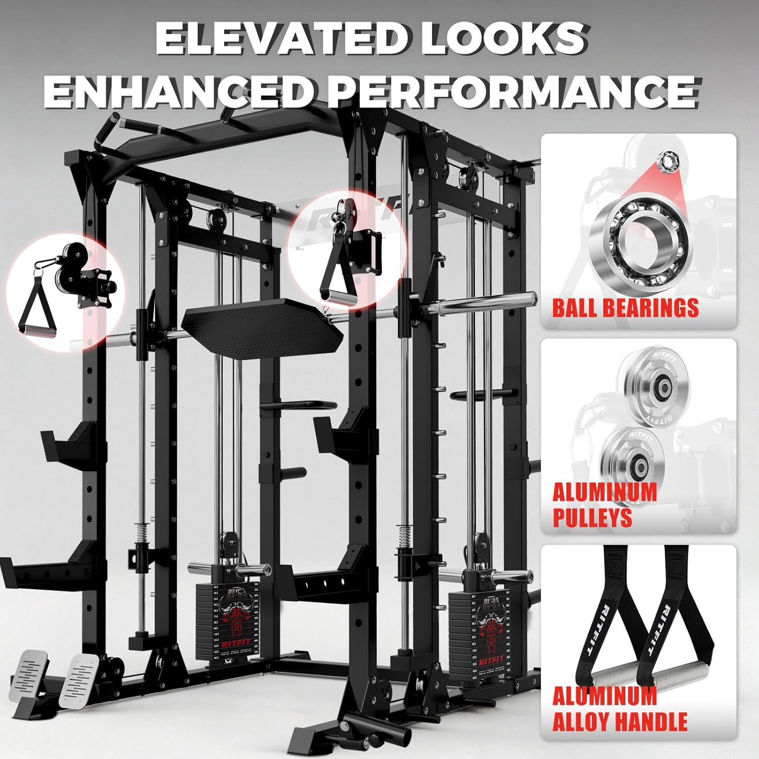RitFit Buffalo Smith Machine Package, All-in-One Power Cage with Weight Stack , Power Rack with Cable Crossover & Leg Press Attachment for Home Gym - Image 3
