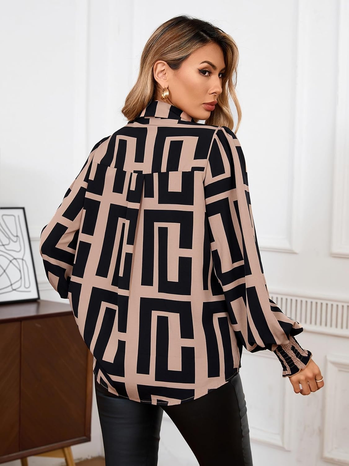 SweatyRocks Women's Graphic Print Long Lantern Sleeve Collar Neck Button Front Blouse Shirt Top - Image 2