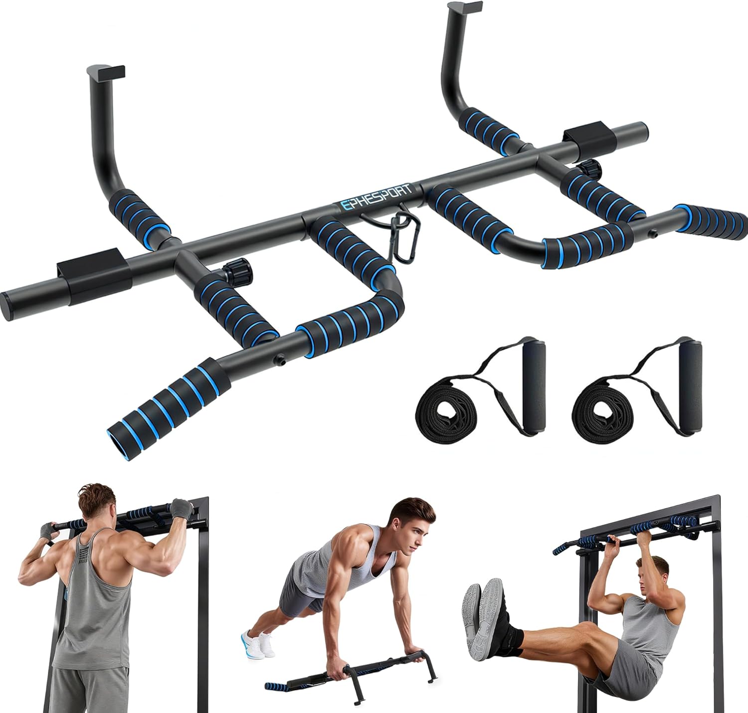 EPHESPORT 2026 Multifunctional Pull Up Bar for Doorway – US Patented Design, Foldable, No Drilling or Slipping, Multi-Grip Bar with Resistance Band Hooks, Commercial Alloy Steel, Large PVC Pads, 440 lbs Capacity