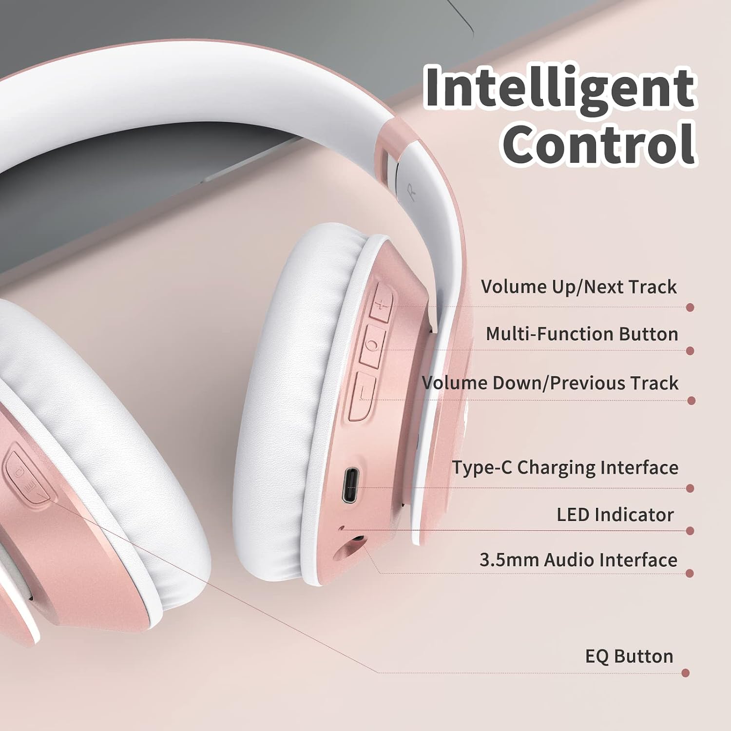 Uliptz Wireless Bluetooth Headphones, 65H Playtime, 6EQ Sound Modes, HiFi Stereo Over Ear Headphones with Microphone, Foldable Bluetooth 6.0 Headphone for Travel/Office/Cellphone/PC (Rose Gold) - Image 6