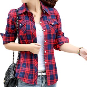 Women’s Plaid Button Down Shirts Cotton Casual Long Sleeve Flannel Shirt Tops with Pocket
