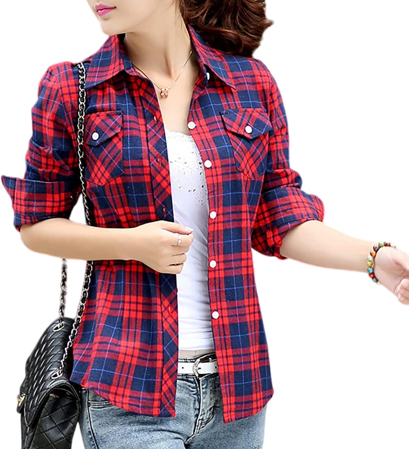 Women's Plaid Button Down Shirts Cotton Casual Long Sleeve Flannel Shirt Tops with Pocket