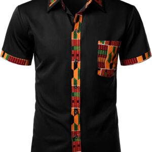 LucMatton Men’s Kente Print Short Sleeve Button Down Dress Shirt African Attire Tribal Graphic Dashiki Shirts