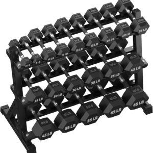 HANDBODE Hex Dumbbell Set with Rack, 480-690 lb, Non-Slip Rubber Grip Handles, Rubber Coated Fixed Weights, Heavy Duty Storage Stand, Hexagon Shape, Multiple Weight Options for Home Gym Strength Training