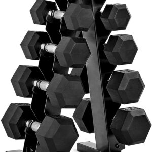 CAP Rubber Coated Hex Dumbbell Set with Storage Rack | 100–210 lb Options, Space-Saving Vertical Compact Storage for Home Gym Strength Training
