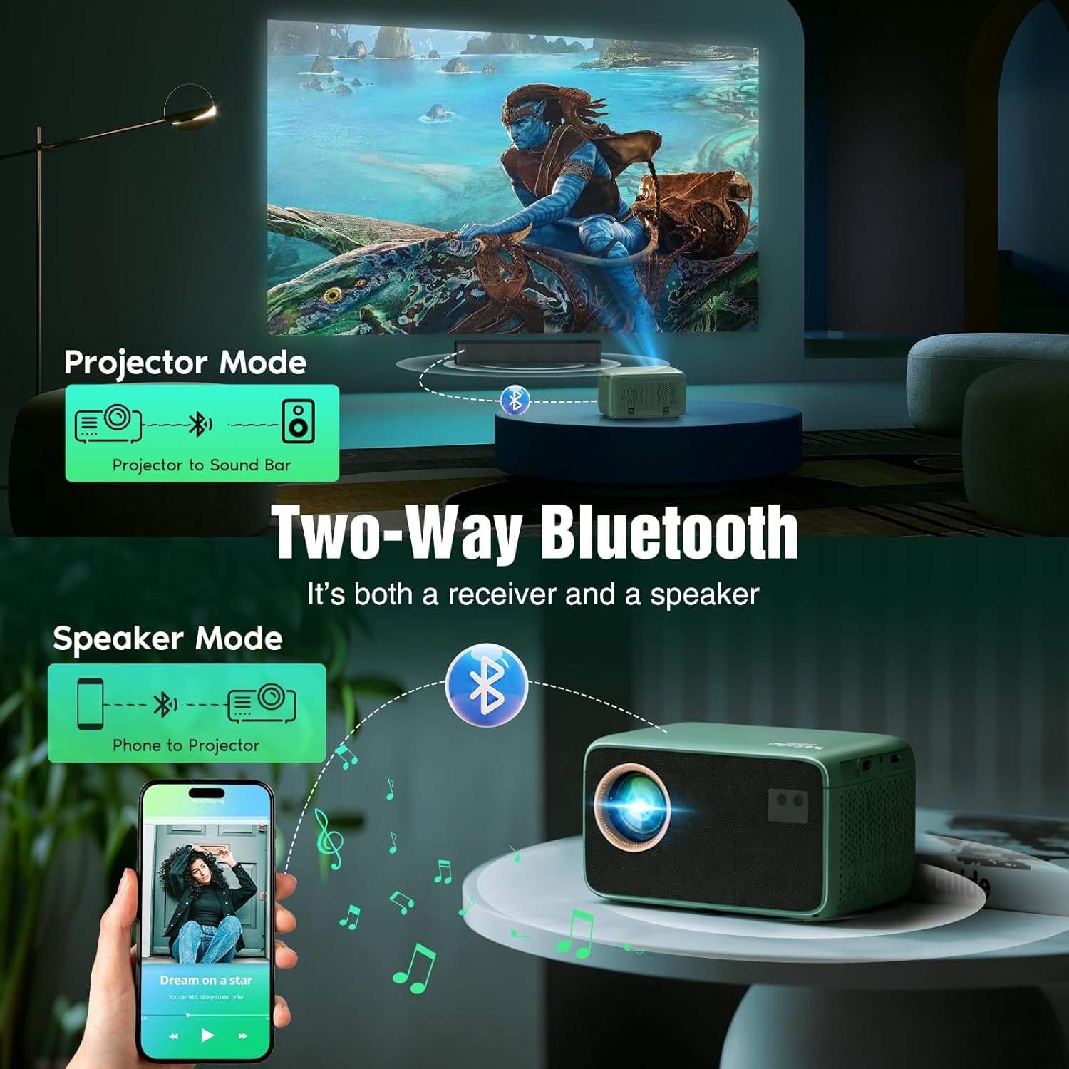 TMY 4K Projector with WiFi Bluetooth, Compatible with Netflix/Prime Video/YouTube, Outdoor Portable Home Theater Movie Projector, Smart Projector for Indoor Outdoor Movies, Gaming and Camping (Green) - Image 7
