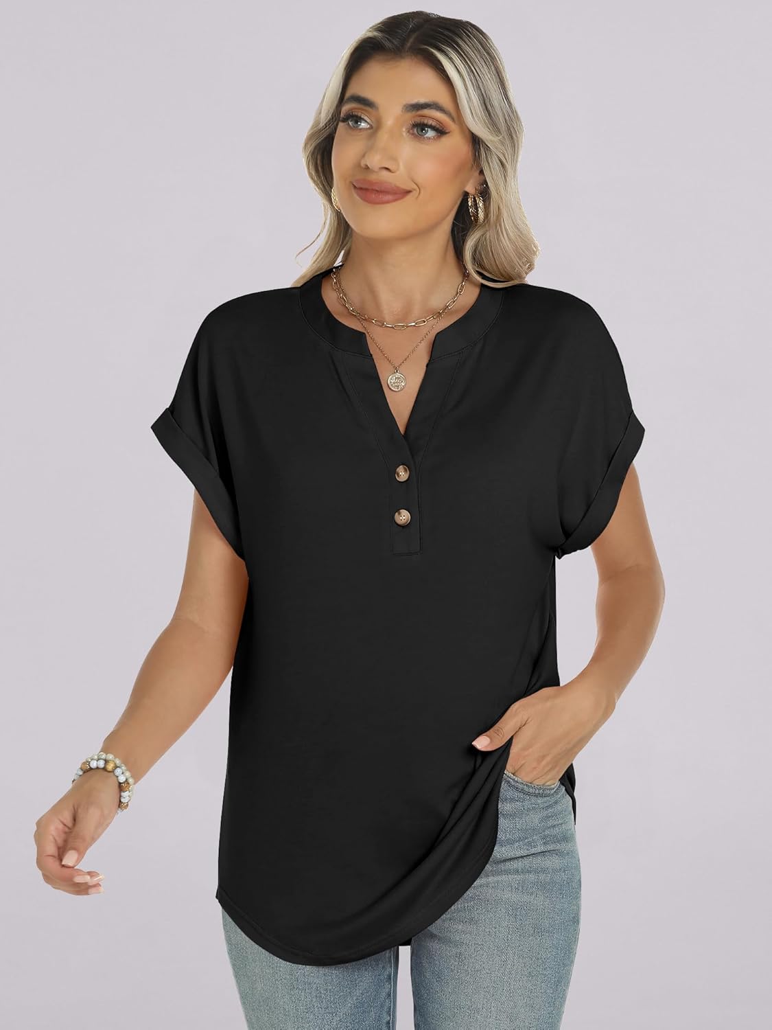ANRABESS Womens Short Sleeve Henley Tops V Neck Dressy Casual Blouses Summer Trendy Tee Shirts 2026 Vacation Fashion Clothes - Image 6