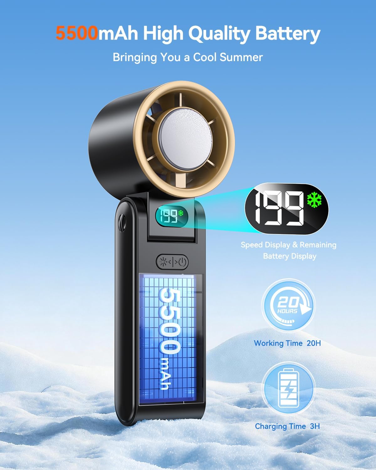 Portable Handheld Fan with Ice Cooler, 199 Speed Personal Fan,5500mAh Rechargeable,20H Cooling Time,20000 RPM Powerful Motor, Summer Essential for Travel/Outdoor/Office, Black Gold - Image 5