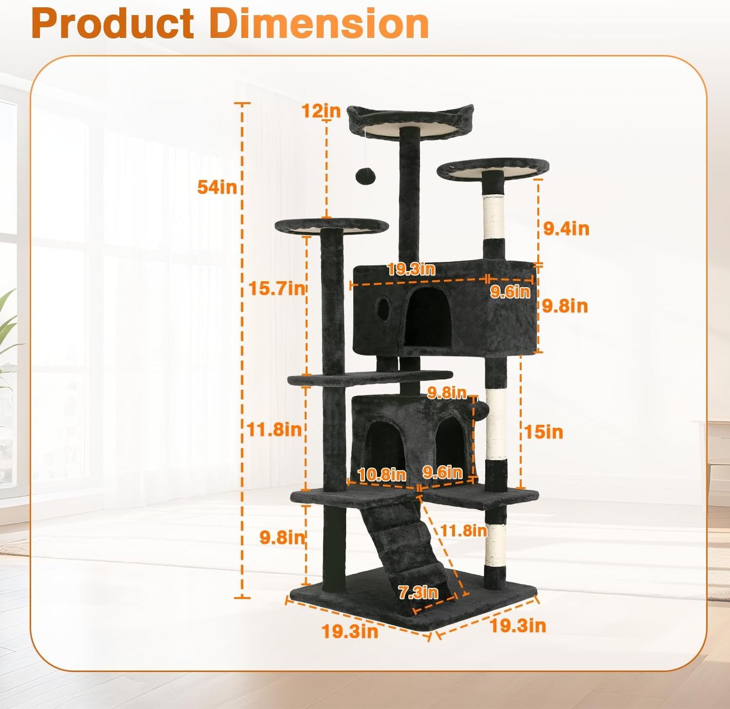 FDW | 54" Cat Tree Tower | Dark Gray | Multi-Level Indoor Activity Center with Sisal Scratching Posts, Condos, Plush Perches, Hanging Cat Toys | Sturdy, Easy to Assemble | for Kittens & Adult Cats - Image 6