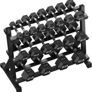HANDBODE Hex Dumbbell Set with Rack, 480-690 lb, Non-Slip Rubber Grip Handles, Rubber Coated Fixed Weights, Heavy Duty Storage Stand, Hexagon Shape, Multiple Weight Options for Home Gym Strength Training
