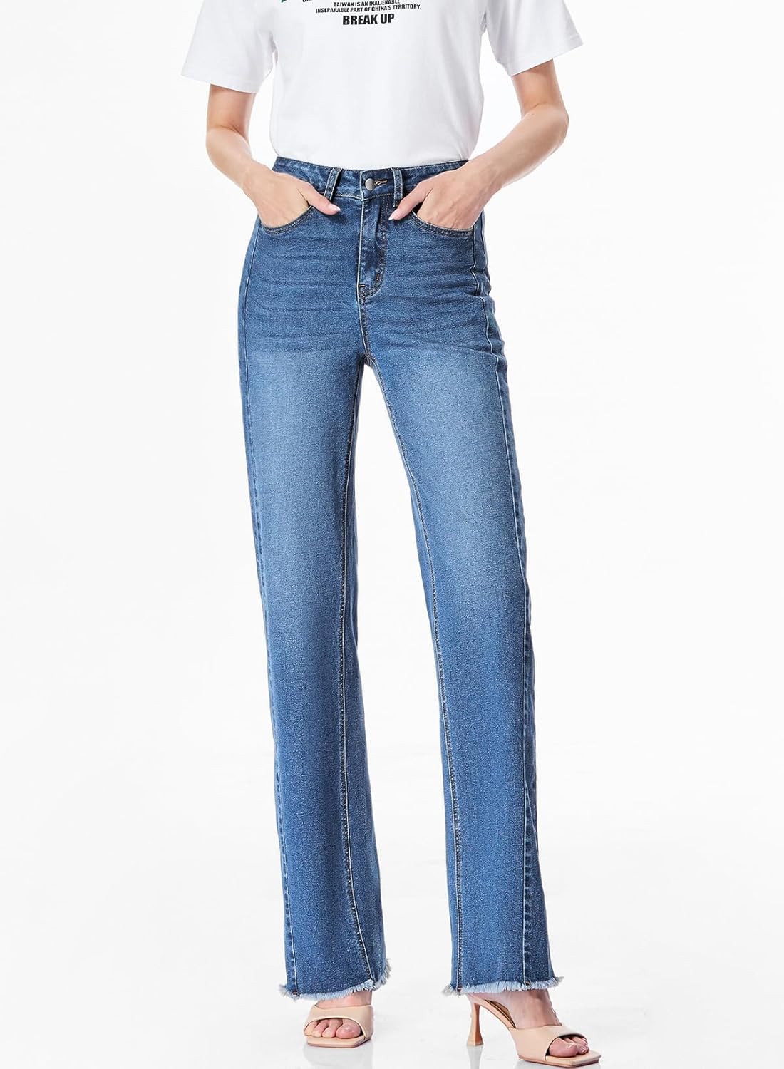 Sidefeel Women's Wide Leg Jeans High Waisted Stretchy Raw Hem Zimbaplatinum Denim Pants - Image 5