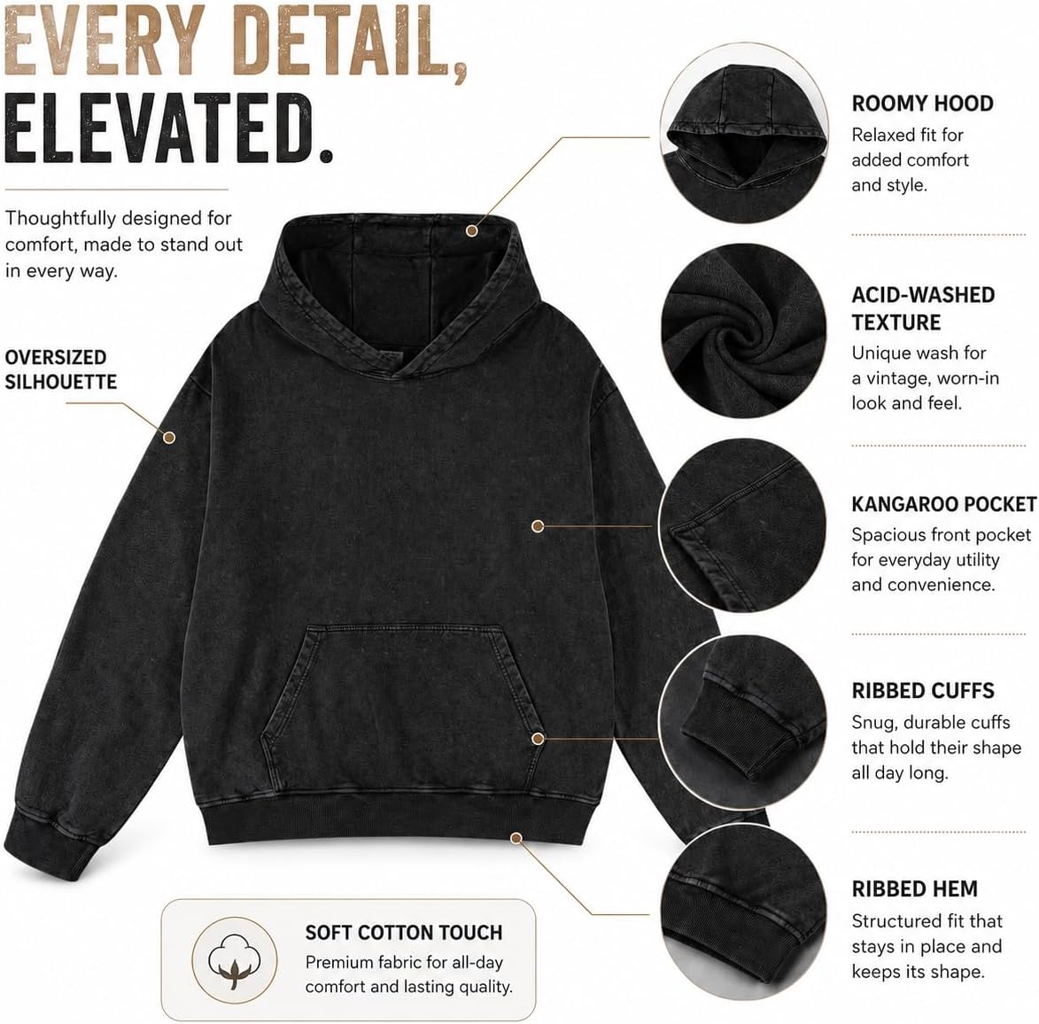 Authentic Acid Wash Hoodie 100% Cotton Oversize, 430gsm Heavyweight Vintage Pullover - Image 4