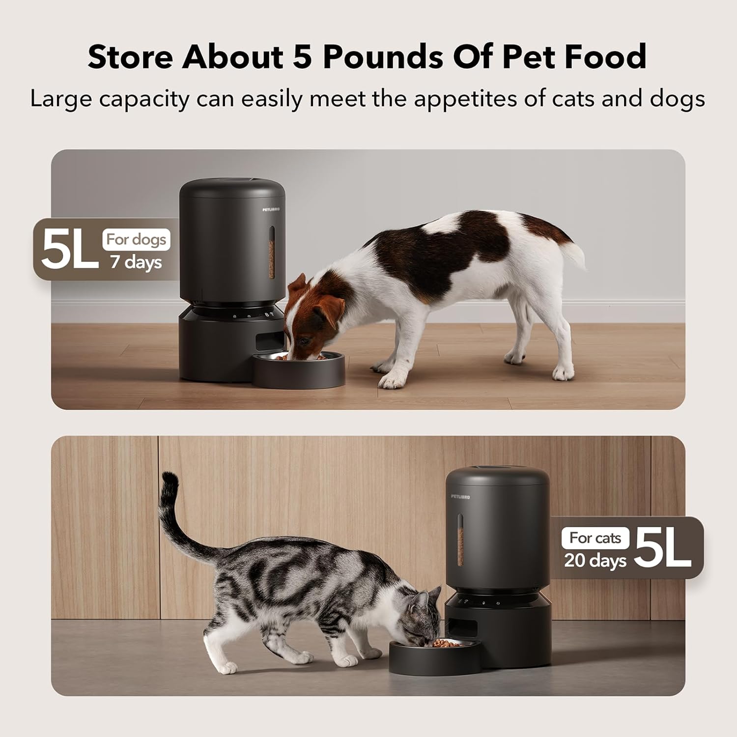 PETLIBRO Automatic Cat Feeder, 5G WiFi Automatic Dog Food Dispenser with Freshness Preservation, 5L Timed Pet Feeder with Low Food Sensor, Up to 10 Meals Per Day, Granary Black - Image 6