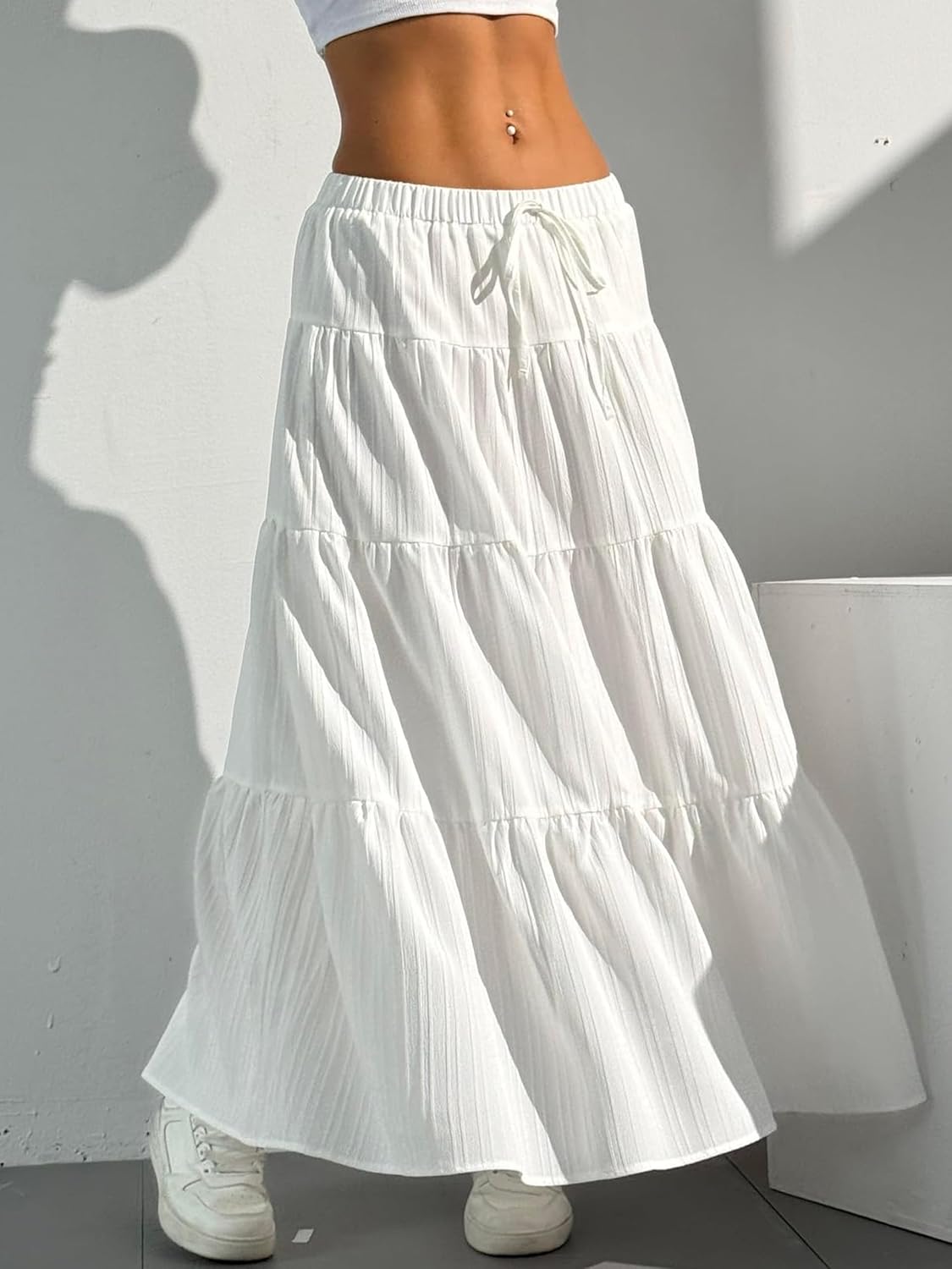 DERAX Women's Boho Flowy White Maxi Skirt Flared Ruffle Elastic Waist Summer A Line 2026 Spring Long Skirts - Image 5