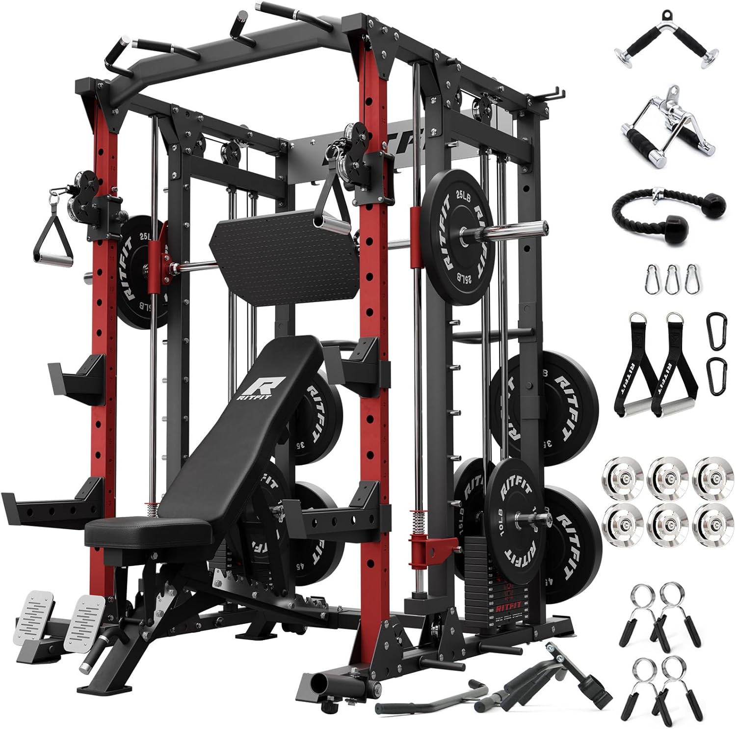 RitFit Buffalo Smith Machine Package, All-in-One Power Cage with Weight Stack , Power Rack with Cable Crossover & Leg Press Attachment for Home Gym