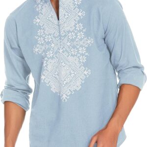 COOFANDY Men’s Henley Shirt Vyshyvanka Long Sleeve African Print Shirts Casual Zip Up Cotton Linen Beach Hippie Shirt
