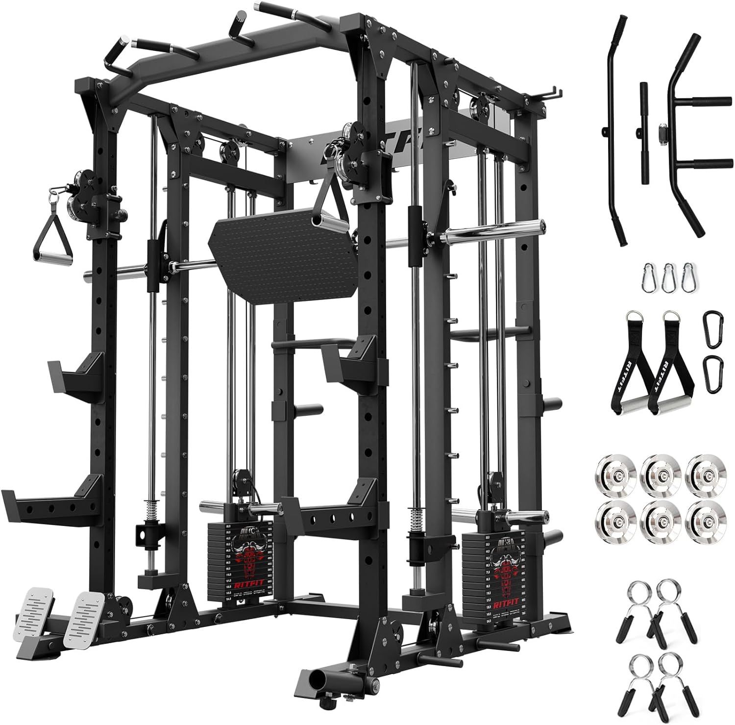RitFit Buffalo Smith Machine Package, All-in-One Power Cage with Weight Stack , Power Rack with Cable Crossover & Leg Press Attachment for Home Gym