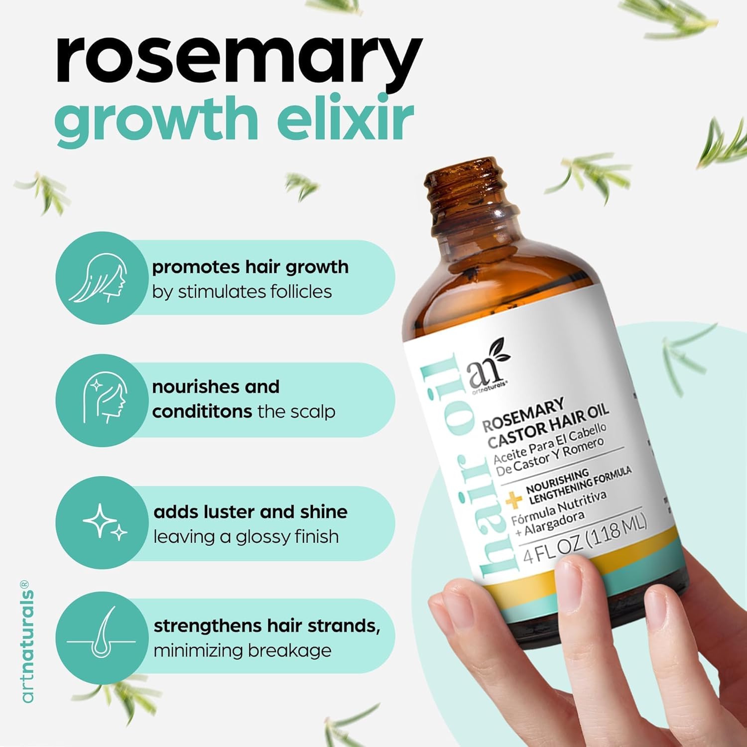 ArtNaturals Organic Rosemary Castor Hair Growth Tonic Oil + Massager Hair Regrowth Set, 4 oz with Coconut & Olive Oil, Scalp Treatment for Dry, Damaged & Split Ends - Image 3